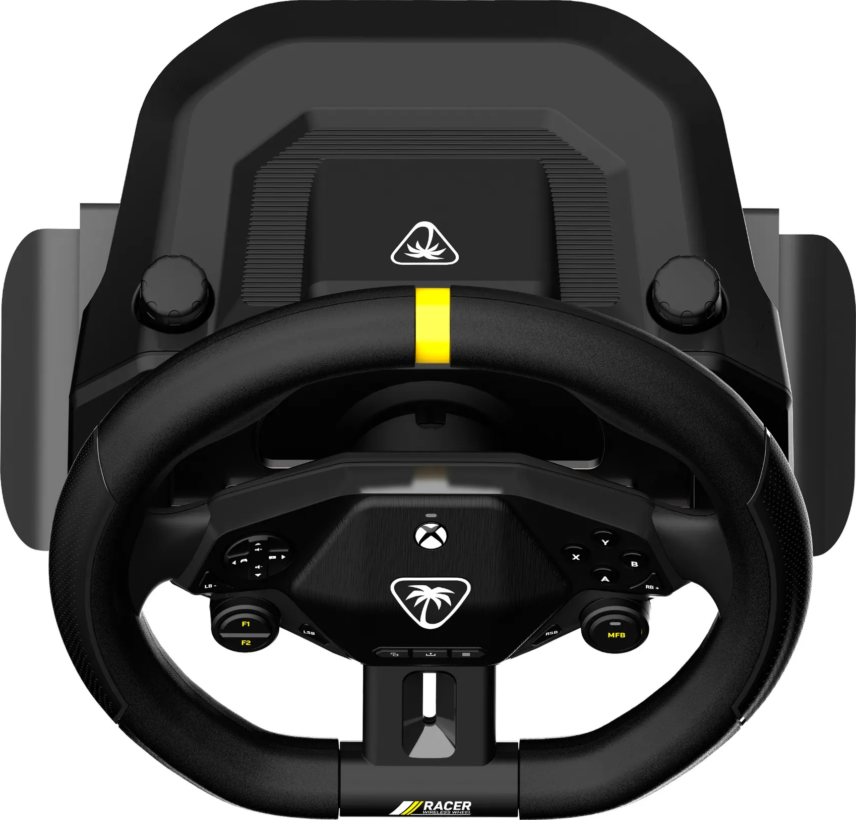 Schwarzes Rennlenkrad mit gelbem Streifen und Knöpfen. Xbox-Logo. Palmenlogo. Schwarzer Hintergrund mit schwarzem Rahmen.