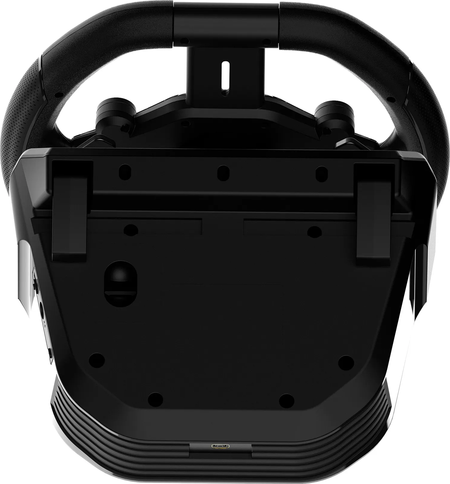 Schwarzes Rennlenkrad mit strukturierter Oberfläche. Es hat Knöpfe und eine Basis mit USB-Anschluss. Der Hintergrund ist weiß.