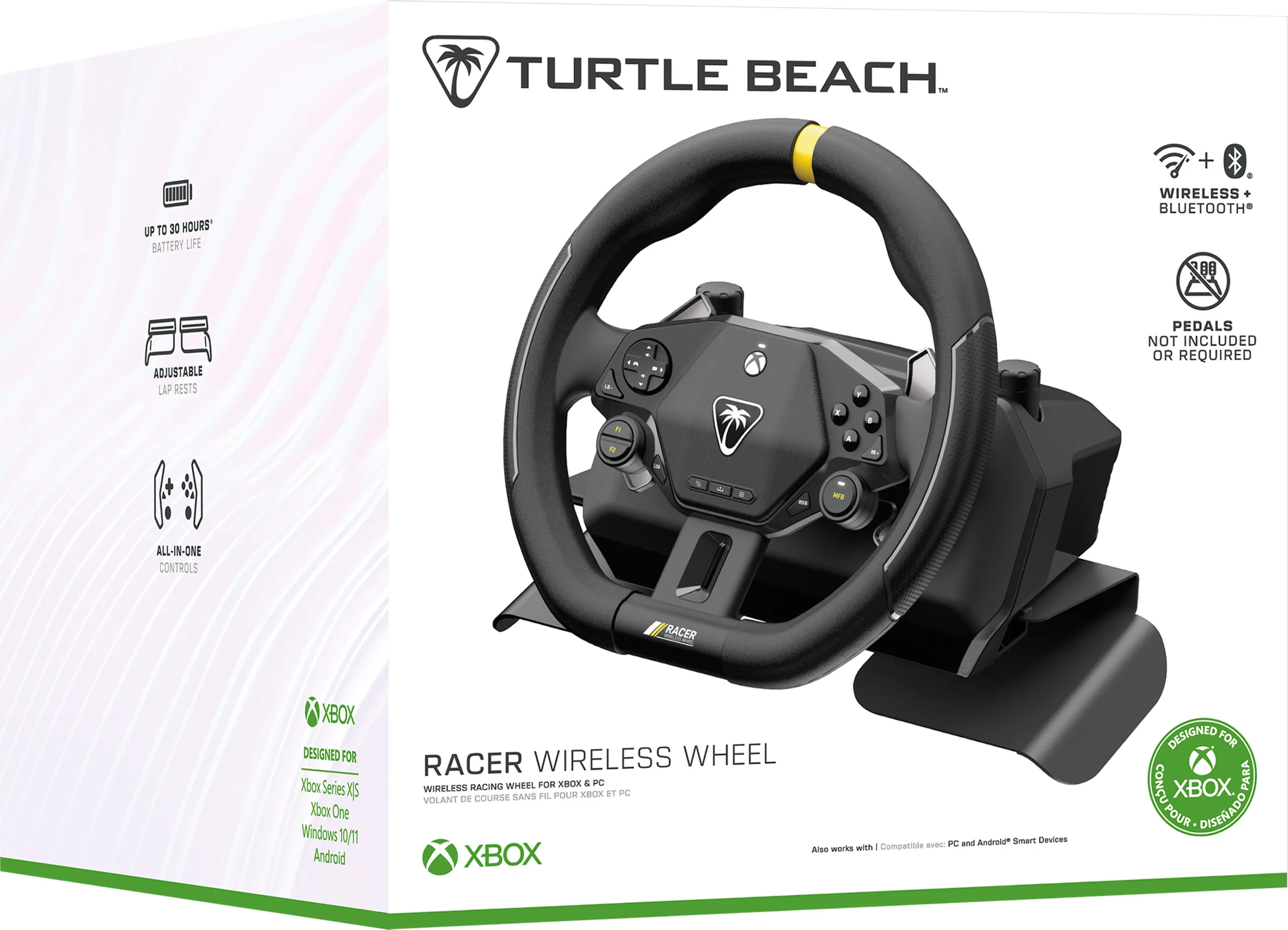 Ein schwarzes Rennlenkrad mit gelben Akzenten, Xbox-Branding und einem Turtle Beach-Logo. Es befindet sich auf einer weißen Box.