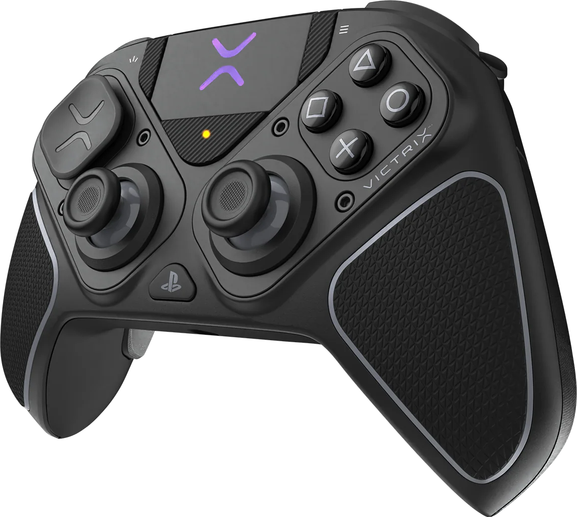 Schwarzer Victrix-Controller. Lila X-Logo, PlayStation-Tasten und Analogsticks auf schwarzem Hintergrund.