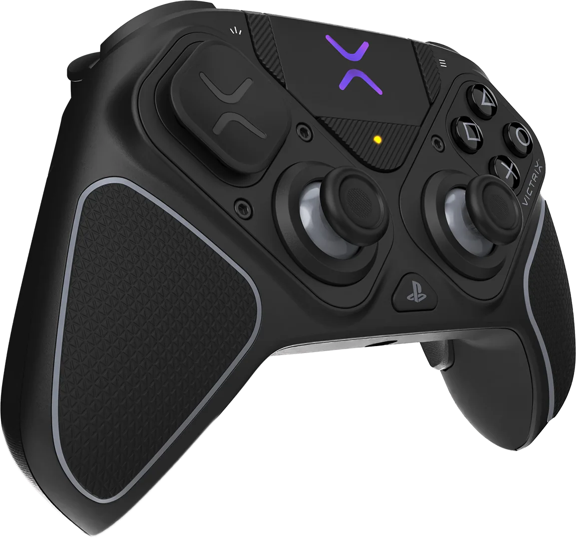 Schwarzer Viltrix-Spielcontroller. Er hat zwei Joysticks, ein Steuerkreuz und Aktionstasten. Der Controller hat einen strukturierten Griff.