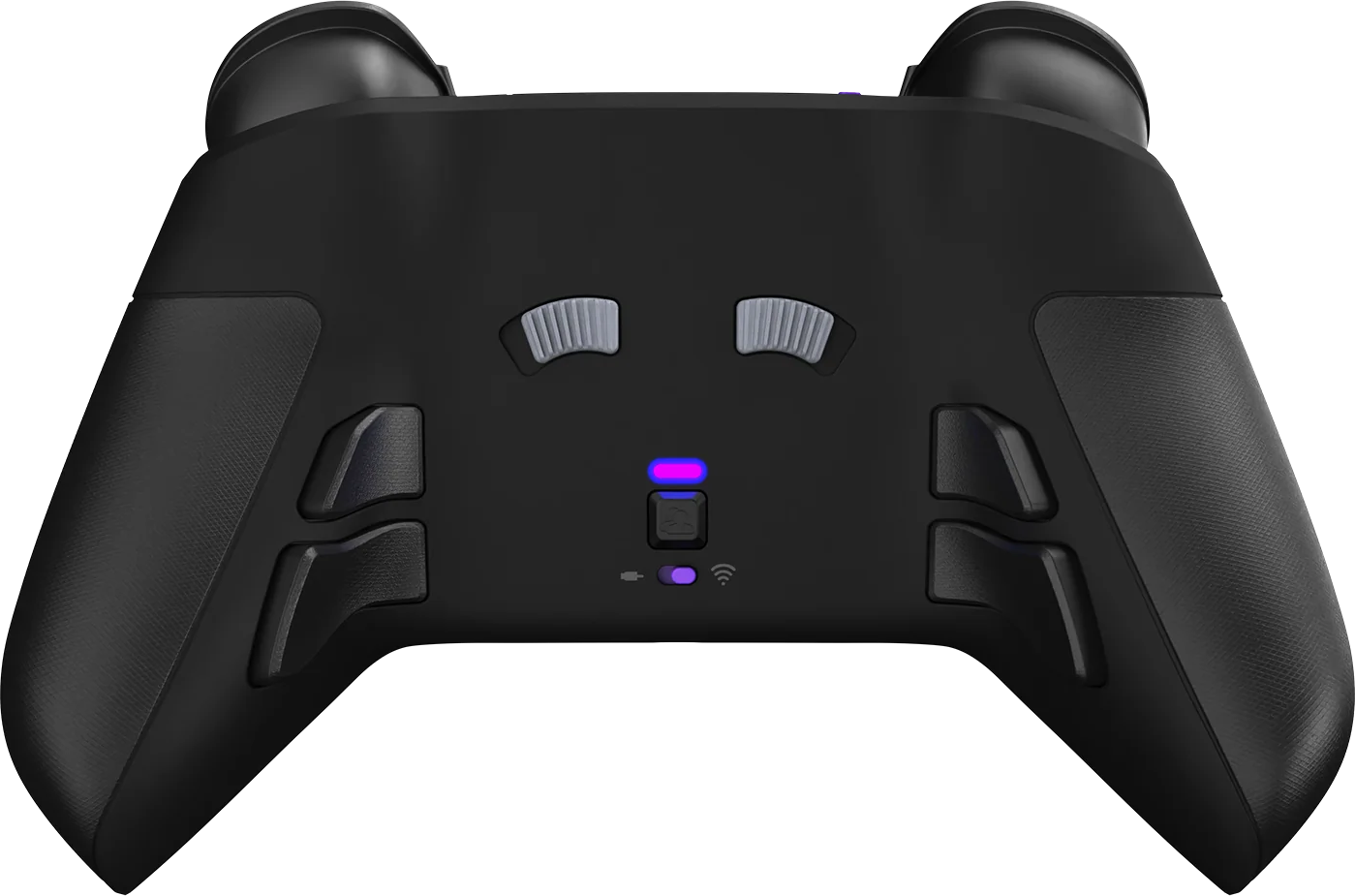Schwarzer Gamecontroller mit Tasten, Triggern und Thumbsticks. Er hat einen Ein-/Ausschalter und eine WLAN-Anzeige.