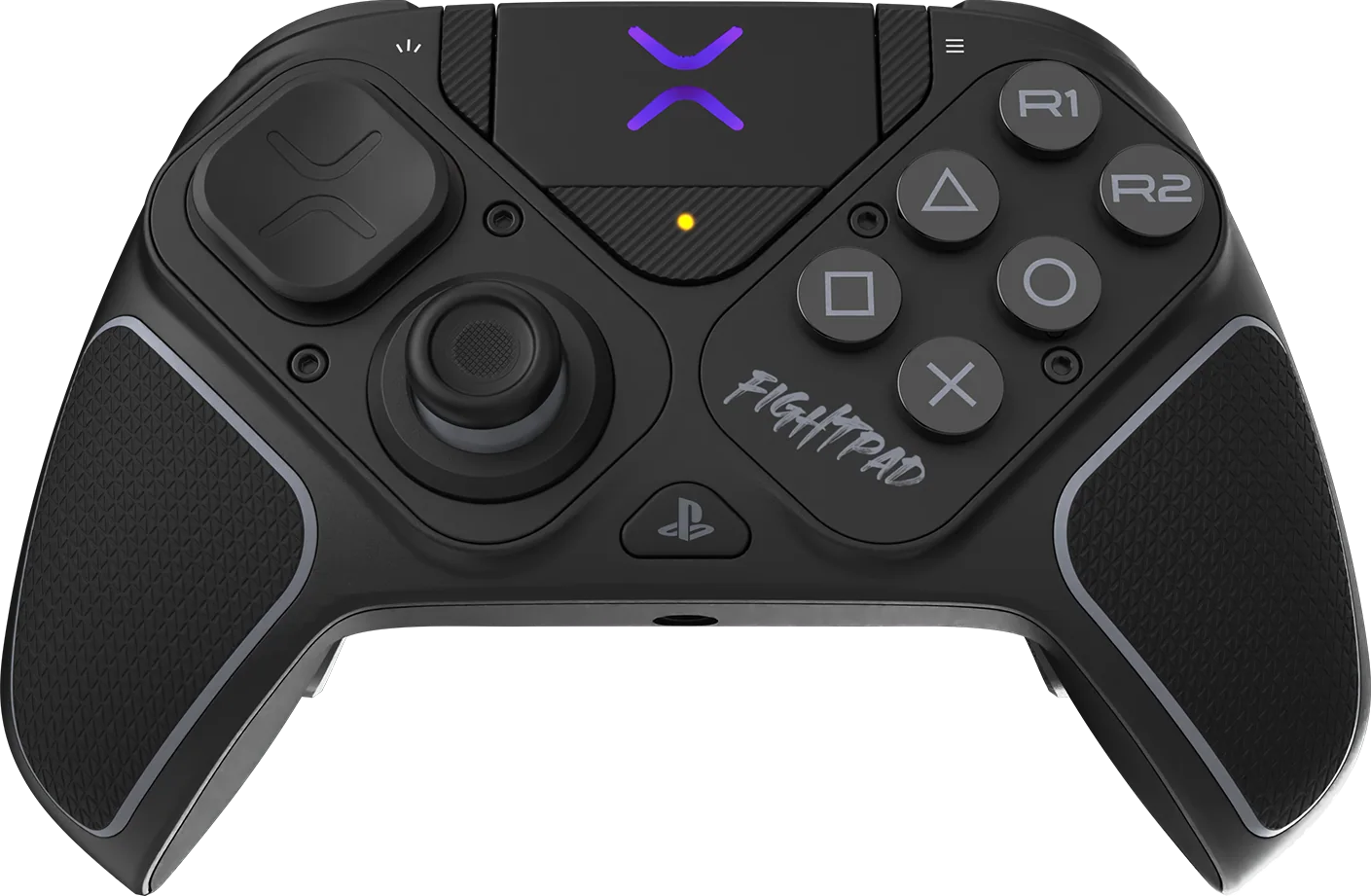 Schwarzer Fightpad-Controller. Enthält Tasten, ein Richtungspad und einen Analog-Stick. Hat das Fightpad-Logo und ein violettes X-Symbol.