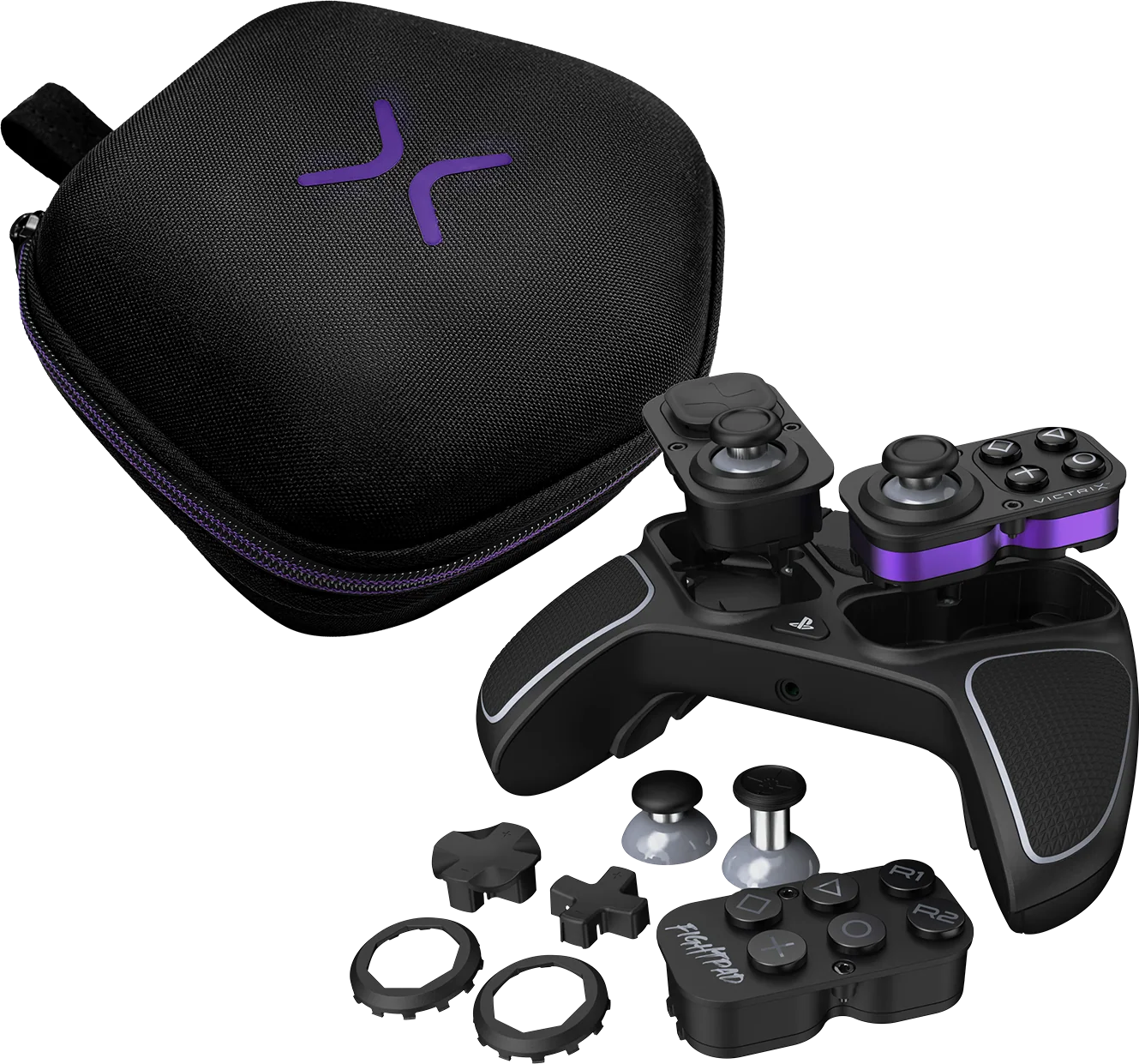 Schwarzes Victrix FightPad mit lila Akzenten, Etui und Ersatzteilen auf schwarzem Hintergrund. Enthält einen Controller und abnehmbare Komponenten.