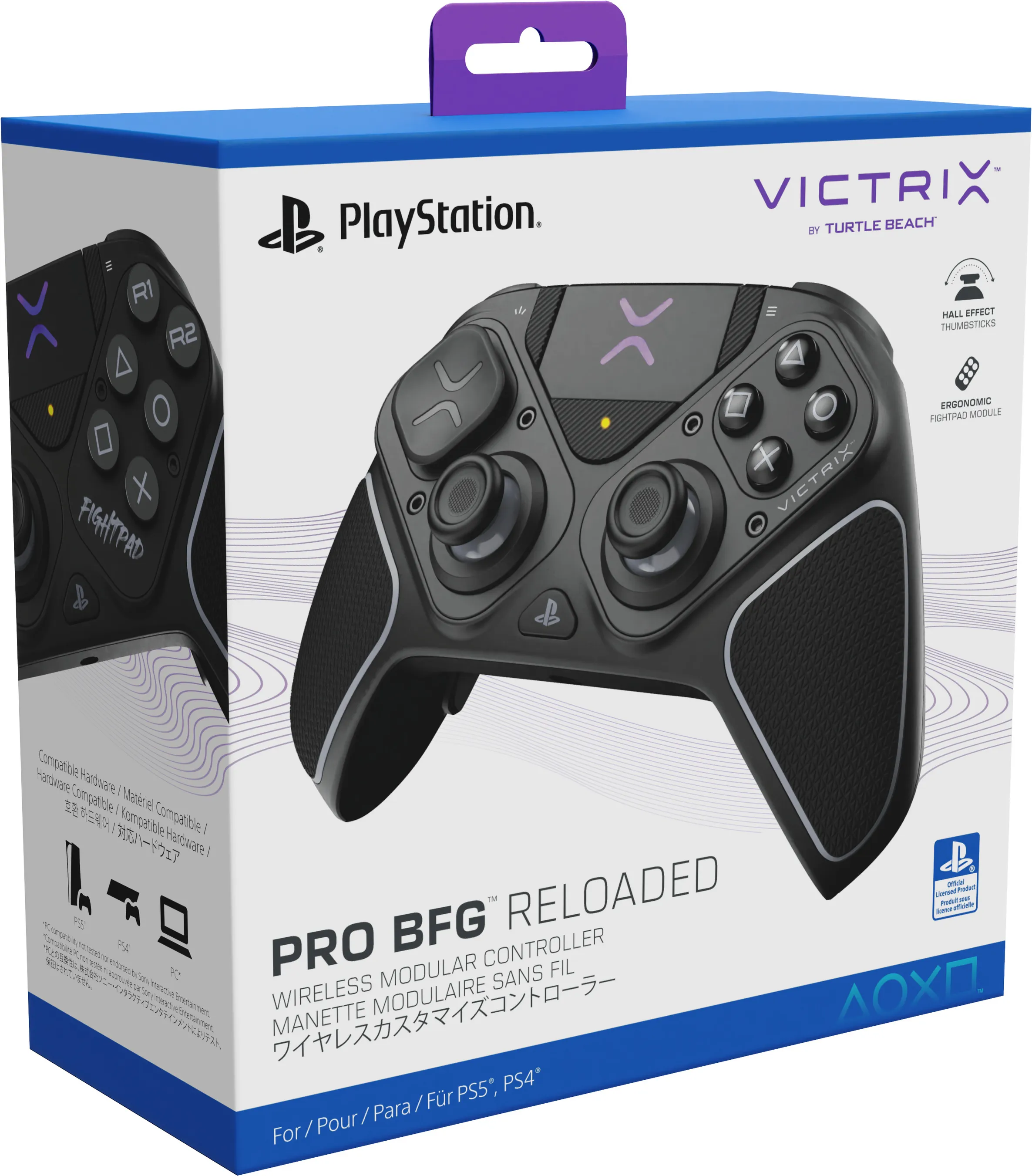 Schachtel für einen schwarzen Victrix Pro BFG-Controller, PlayStation-lizenziert. Es hat Knöpfe, Thumbsticks und das Logo.