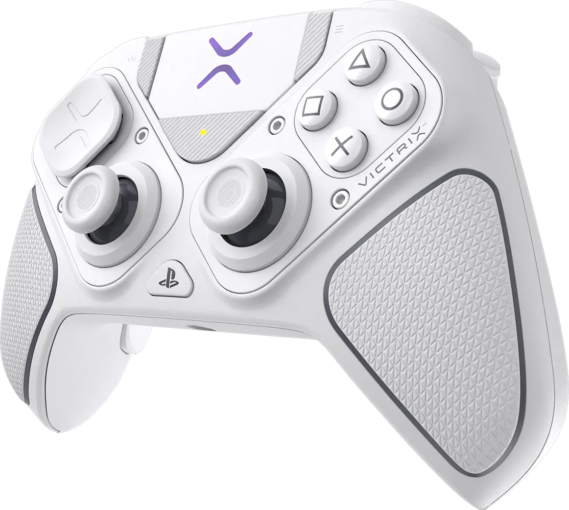 Ein weißer Victrix-Controller mit lila Akzenten. Er hat Knöpfe, Analogsticks und strukturierte Griffe. Ein PlayStation-Logo ist sichtbar.
