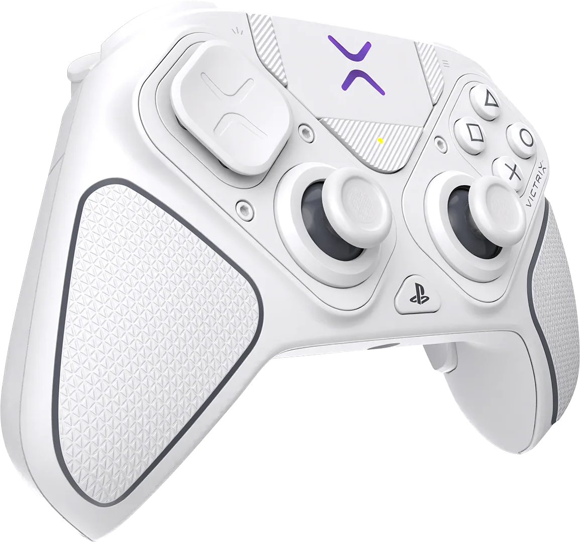 Ein weißer Victrix-Controller mit lila Akzenten und einem PlayStation-Symbol. Er hat Knöpfe, Joysticks und einen strukturierten Griff. Der Hintergrund ist schwarz.
