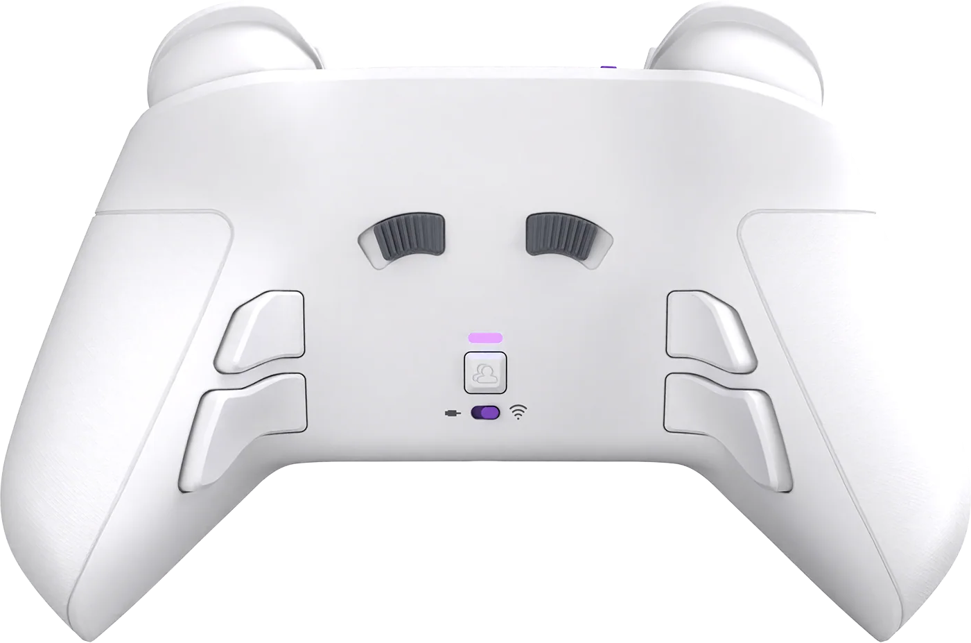 Ein weißer Gamecontroller mit grauen Daumenknüppeln und Tasten. Er hat einen Ein-/Ausschalter, ein Benutzersymbol und ein WLAN-Symbol.