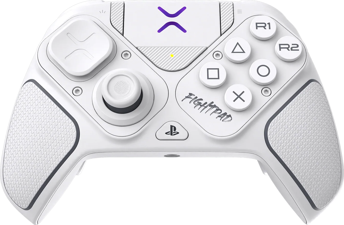 Weißer Fightpad-Controller mit Knöpfen, D-Pad und Analog-Stick. Verfügt über ein lila Logo und das PlayStation-Symbol.