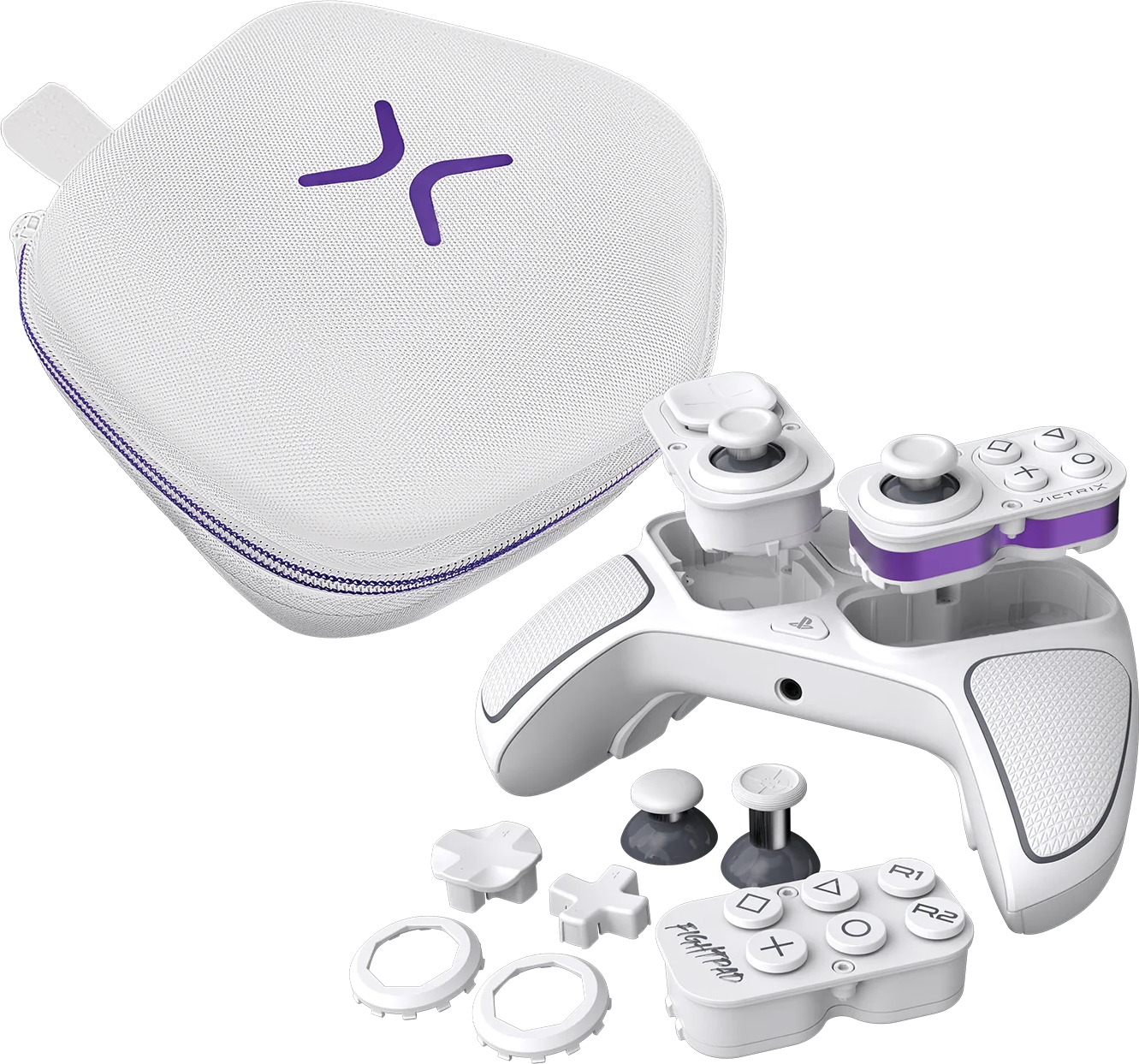 Weiß-lila Victrix FightPad-Controller mit verschiedenen Teilen, Hülle und Zubehör auf schwarzem Hintergrund.