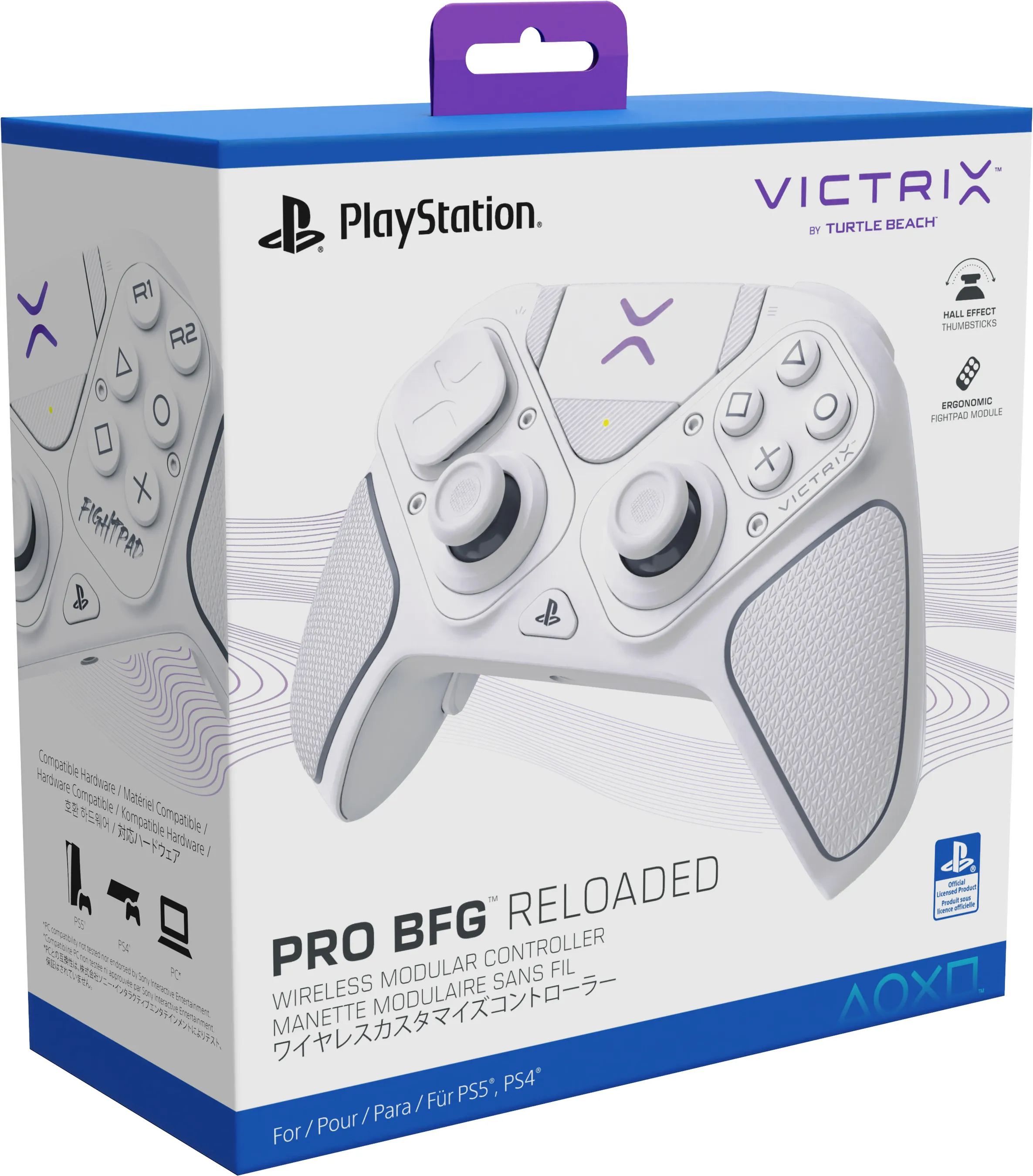 Weiße Victrix Pro BFG Controller-Box. Zeigt Controller, PlayStation-Logo und Produktdetails.