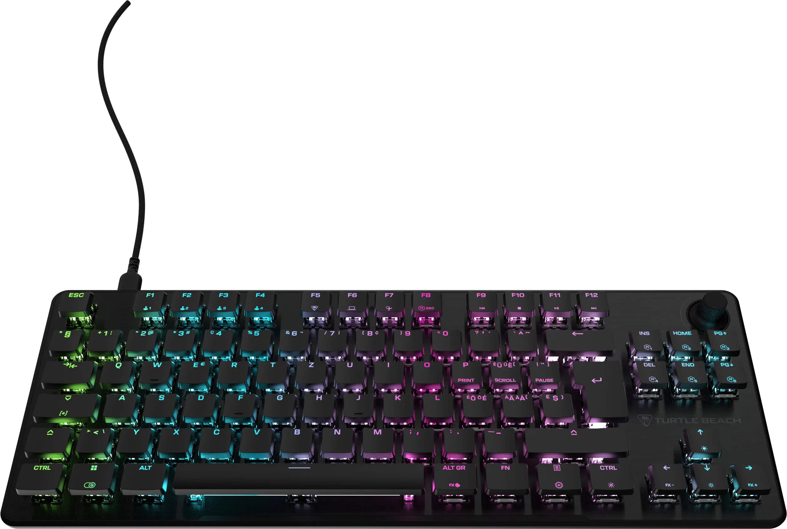 Clavier de jeu noir avec éclairage RVB, touches étiquetées et logo Turtle Beach.