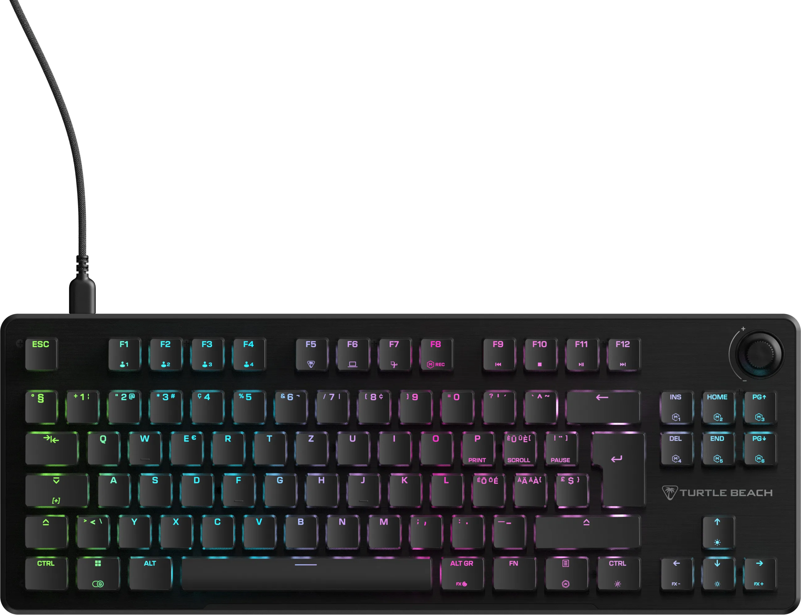 Clavier noir Turtle Beach avec touches éclairées. Inclut touches de fonction, flèches et bouton de contrôle du volume.
