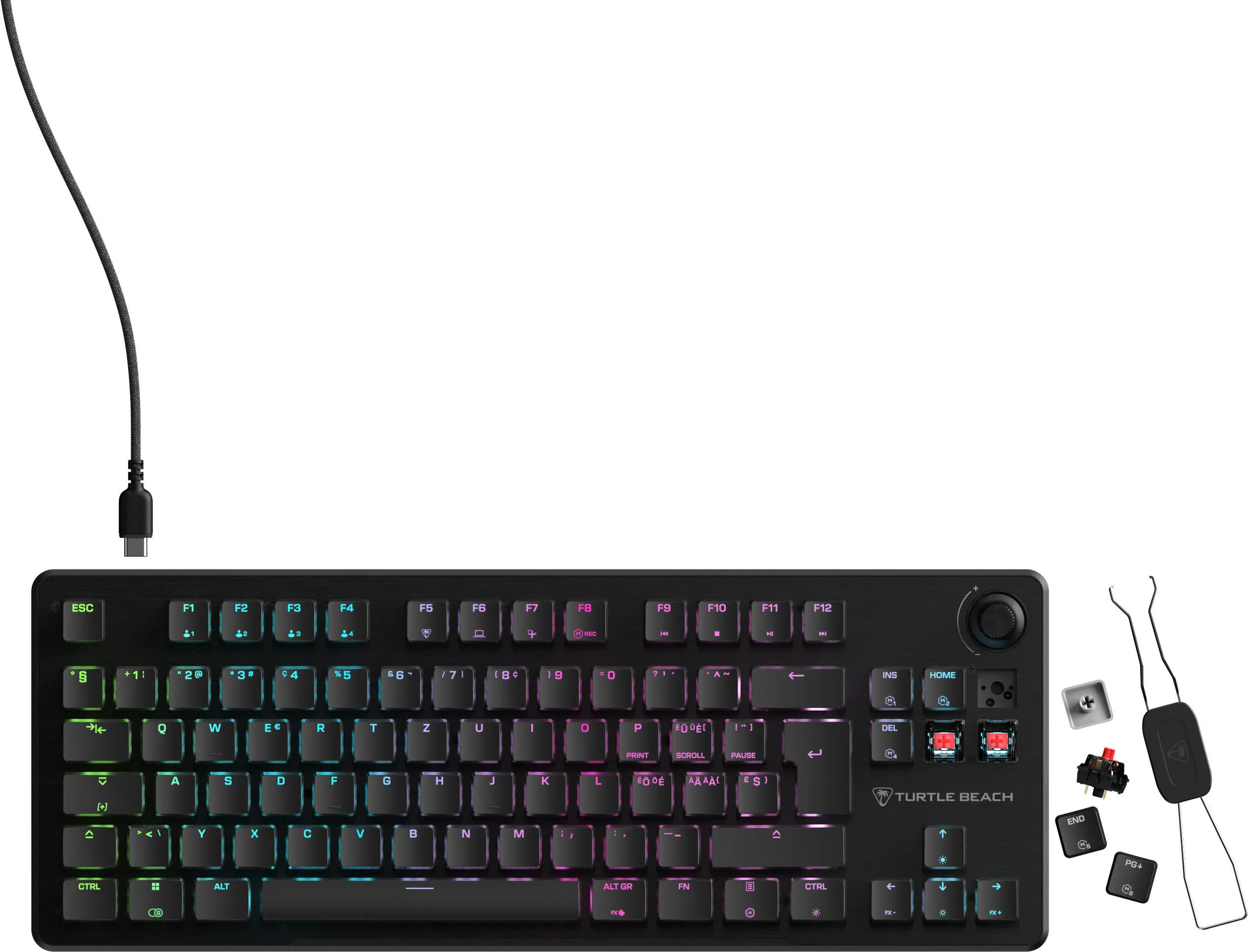 Clavier Turtle Beach noir avec touches colorées, câble USB et outils de retrait de touches.