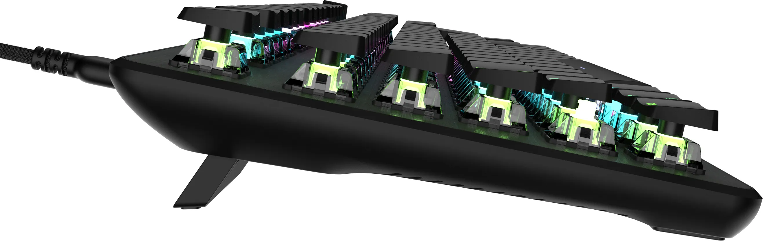 Clavier de jeu noir avec touches éclairées. Il a un design unique avec un câble attaché.