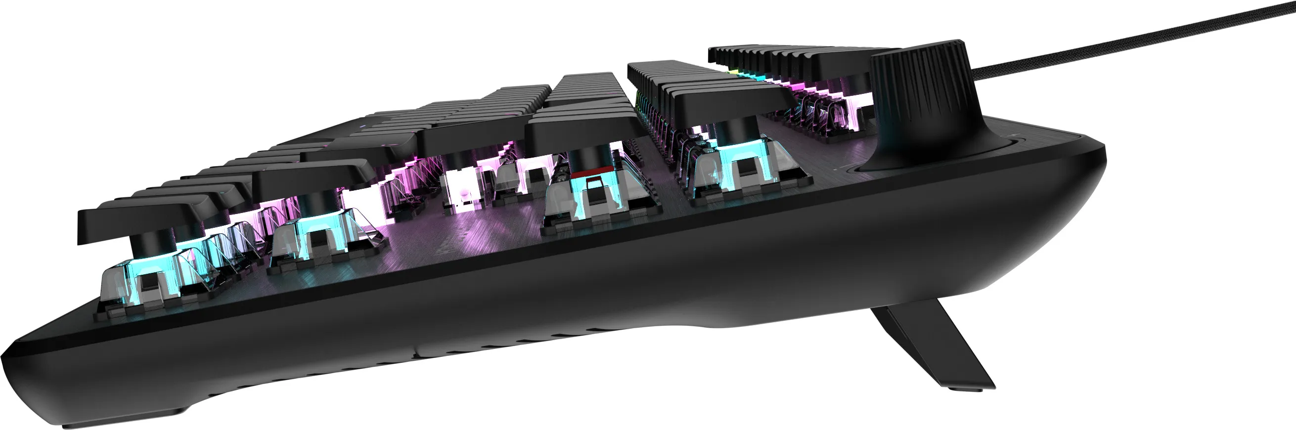 Clavier mécanique noir avec touches éclairées. Dispose d'un bouton de volume et de pieds réglables. Un câble s'étend de l'appareil.
