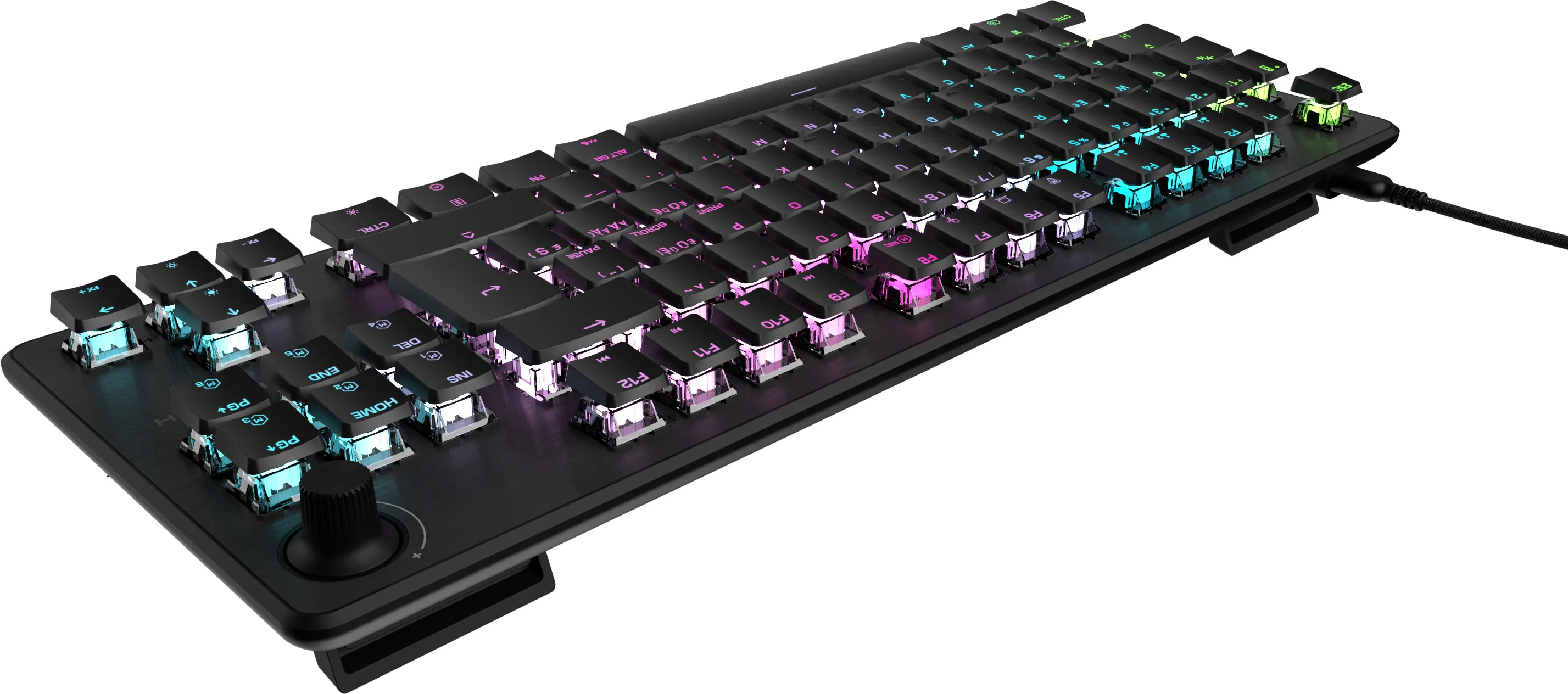 Clavier mécanique noir avec touches rétroéclairées colorées, bouton de contrôle du volume et câble USB.