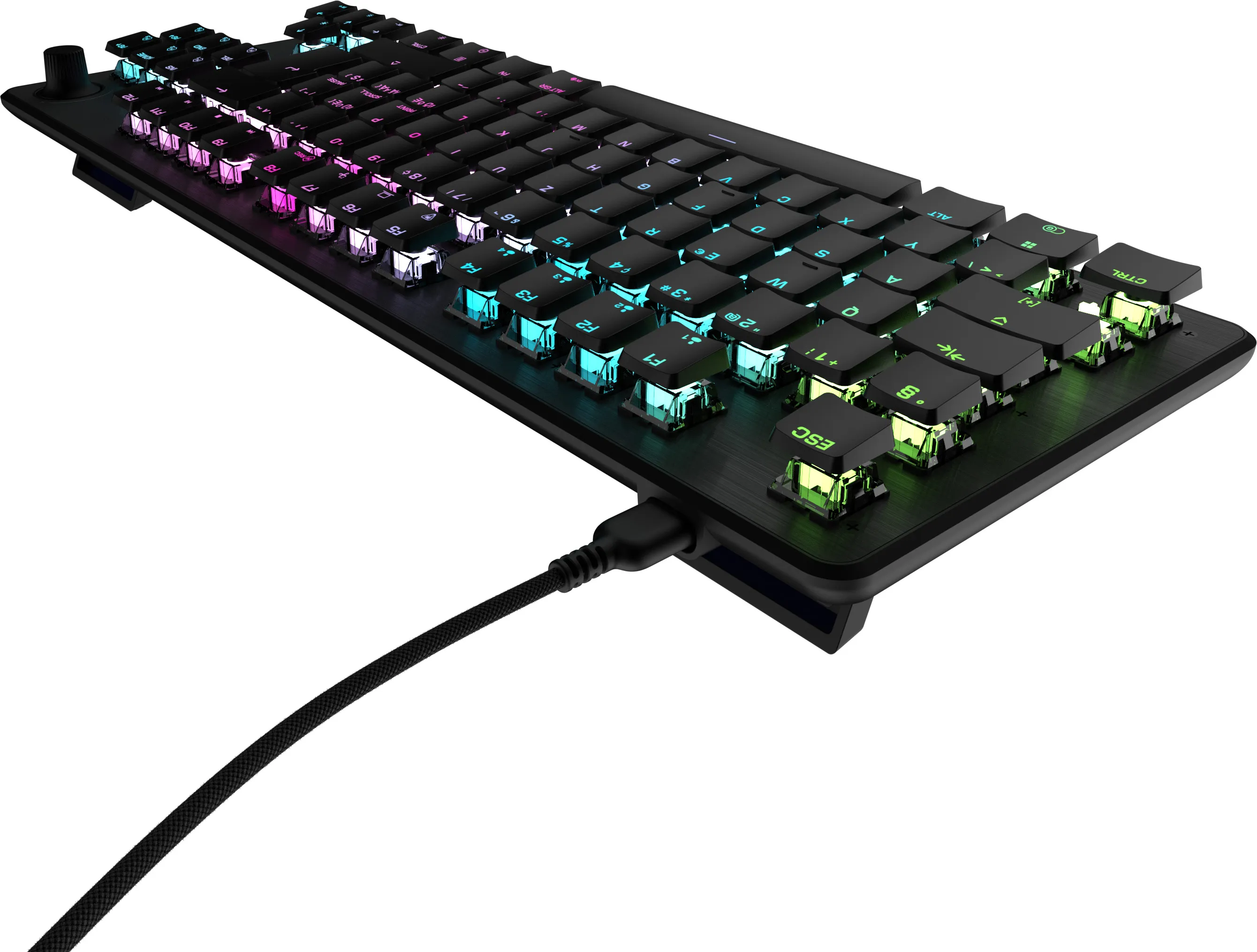 Un clavier noir avec des touches éclairées. Un câble noir est connecté au clavier.