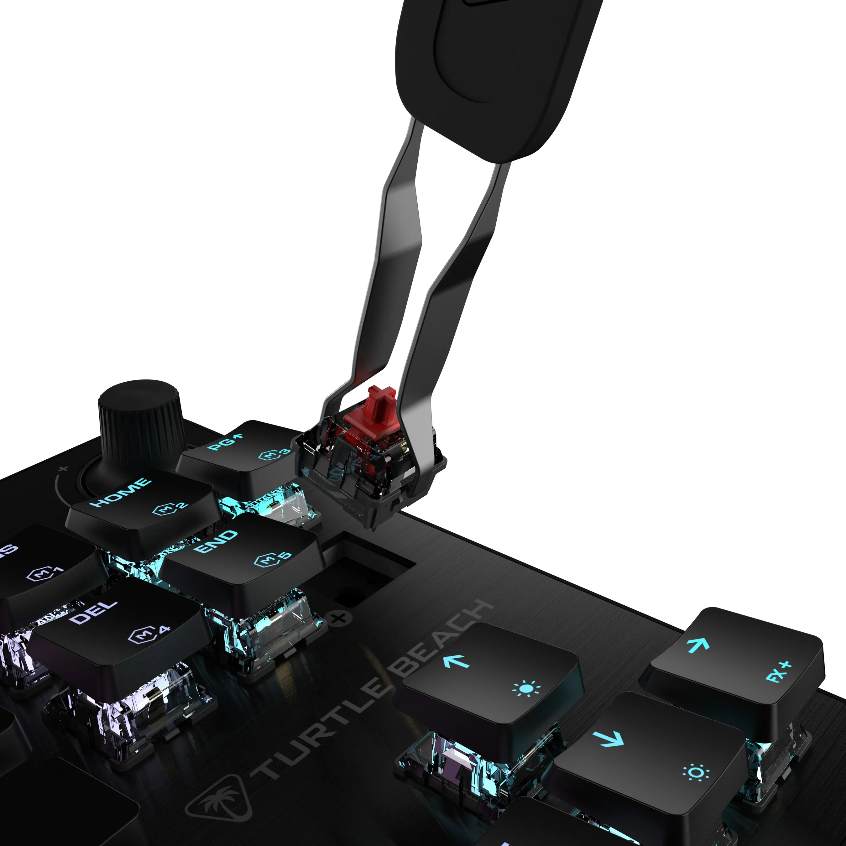 Une pince à épiler retire un interrupteur de clavier rouge d'un clavier Turtle Beach noir. Les touches sont noires avec un éclairage blanc et bleu.