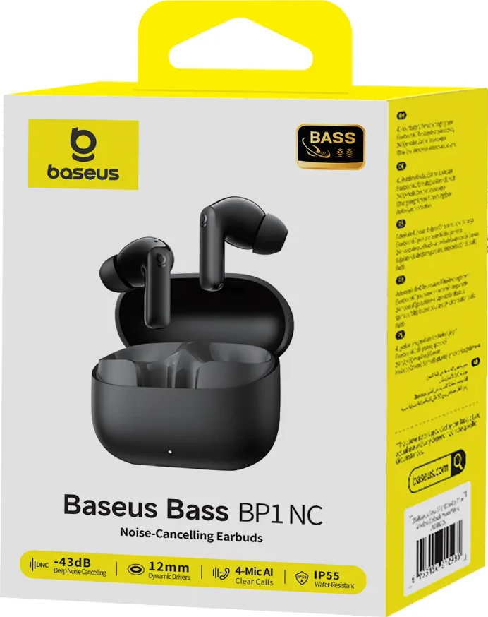 Écouteurs noirs Baseus Bass BP1 NC dans un étui ouvert sur une boîte. La boîte a un dessus jaune, un logo et du texte.