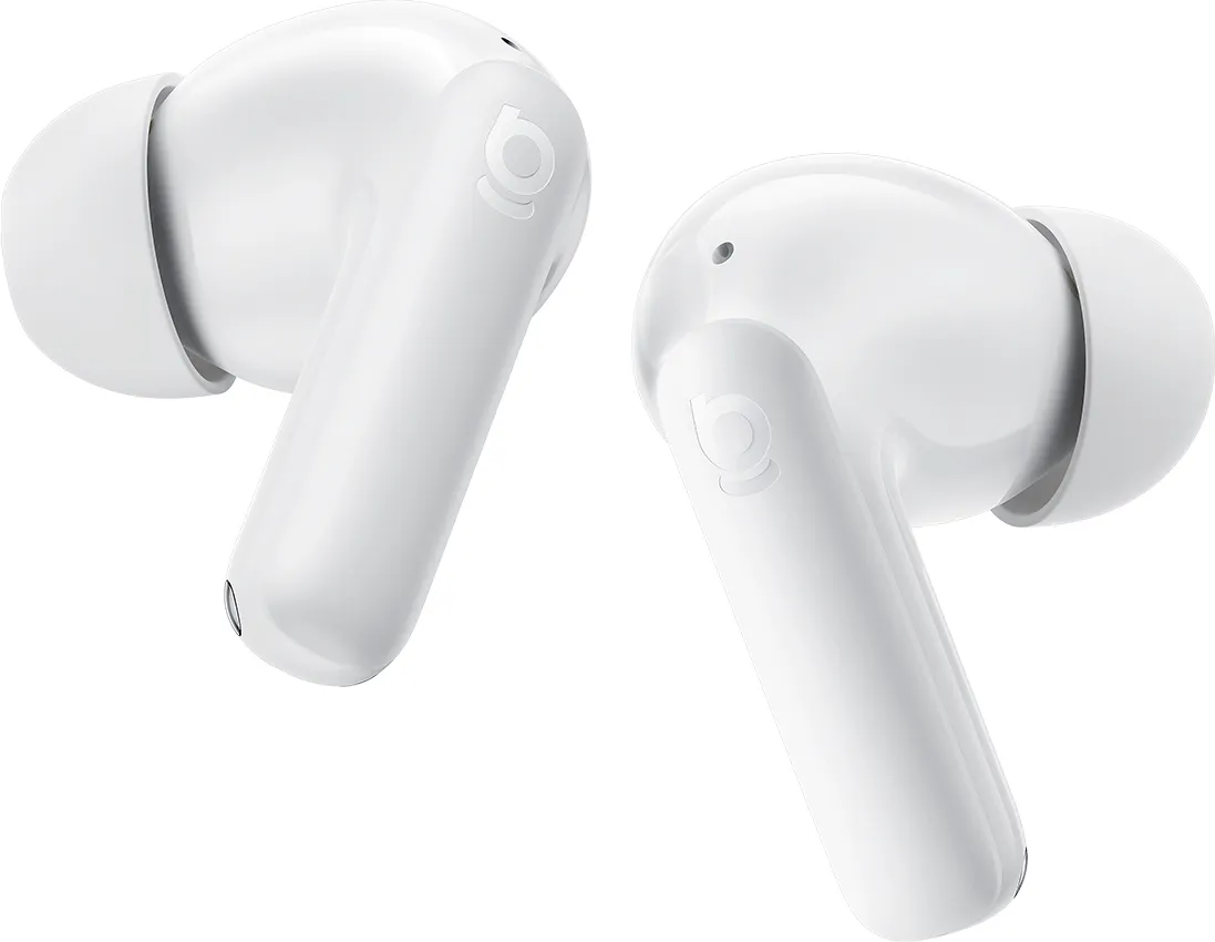 Deux écouteurs sans fil blancs. Chacun a un bourgeon arrondi et une tige avec un logo. Le fond est blanc.