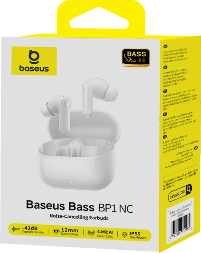 Écouteurs Baseus blancs dans leur étui sur une boîte. Le texte comprend 'Baseus Bass BP1 NC Noise-Cancelling Earbuds'.