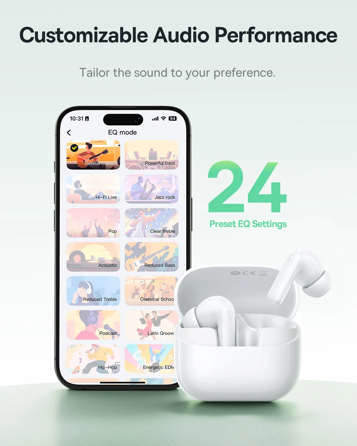 L'image montre un téléphone avec des réglages d'égalisation pour les écouteurs et un étui blanc ouvert avec des écouteurs. Texte : Performance audio personnalisable.
