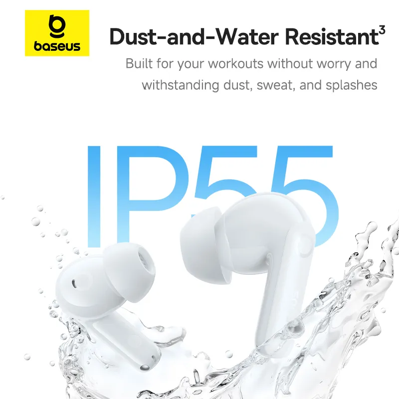 Weiße kabellose Ohrhörer mit Wasserspritzern. Text sagt Staub- und Wasserfest und IP55.