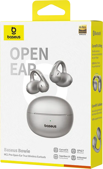 Baseus Bowie MC1 Pro Ohrhörer auf einer weißen Box mit gelben Akzenten. Die Box zeigt das Produkt und die Funktionen. Silberne Farbe.