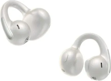 Zwei weiße, ergonomische Ohrhörer werden gezeigt. Jeder hat ein gebogenes Over-Ear-Design. Der Hintergrund ist weiß.