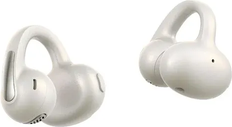 Zwei weiße kabellose Ohrhörer. Jeder hat ein gebogenes Over-Ear-Design. Die Ohrhörer sind auf weißem Hintergrund, gut beleuchtet.