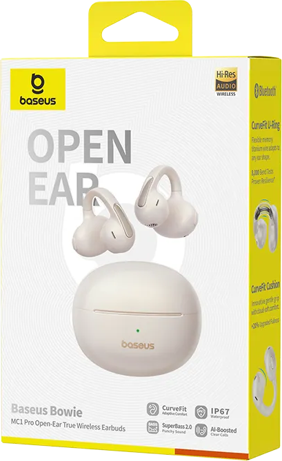 Baseus Bowie MC1 Pro Ohrhörerbox. Weiße Ohrhörer und Hülle auf weißem Hintergrund. Gelbe Akzente.