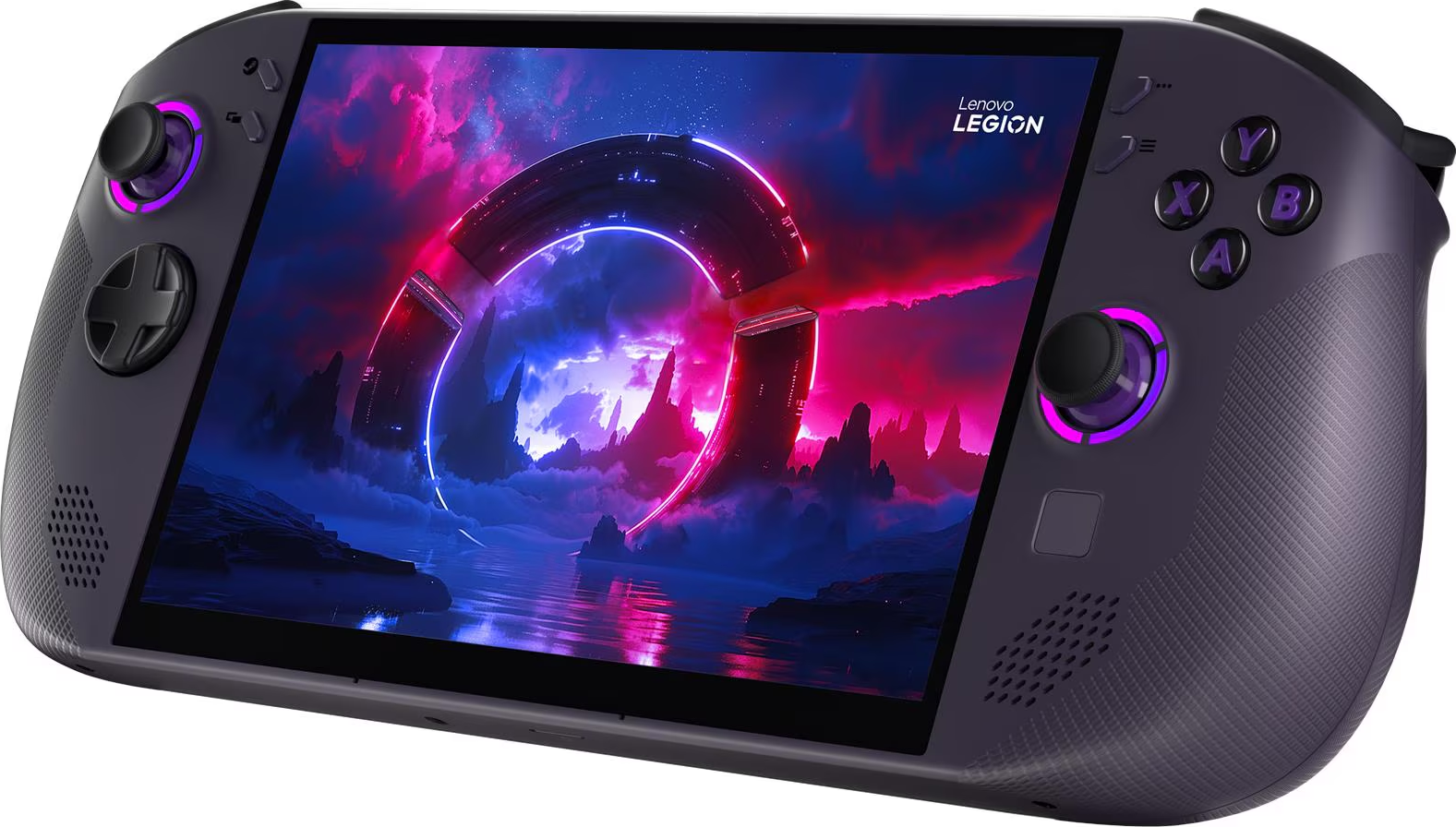 Appareil de jeu portable Lenovo Legion. L'écran affiche un paysage futuriste avec un anneau au néon. L'appareil est gris foncé.