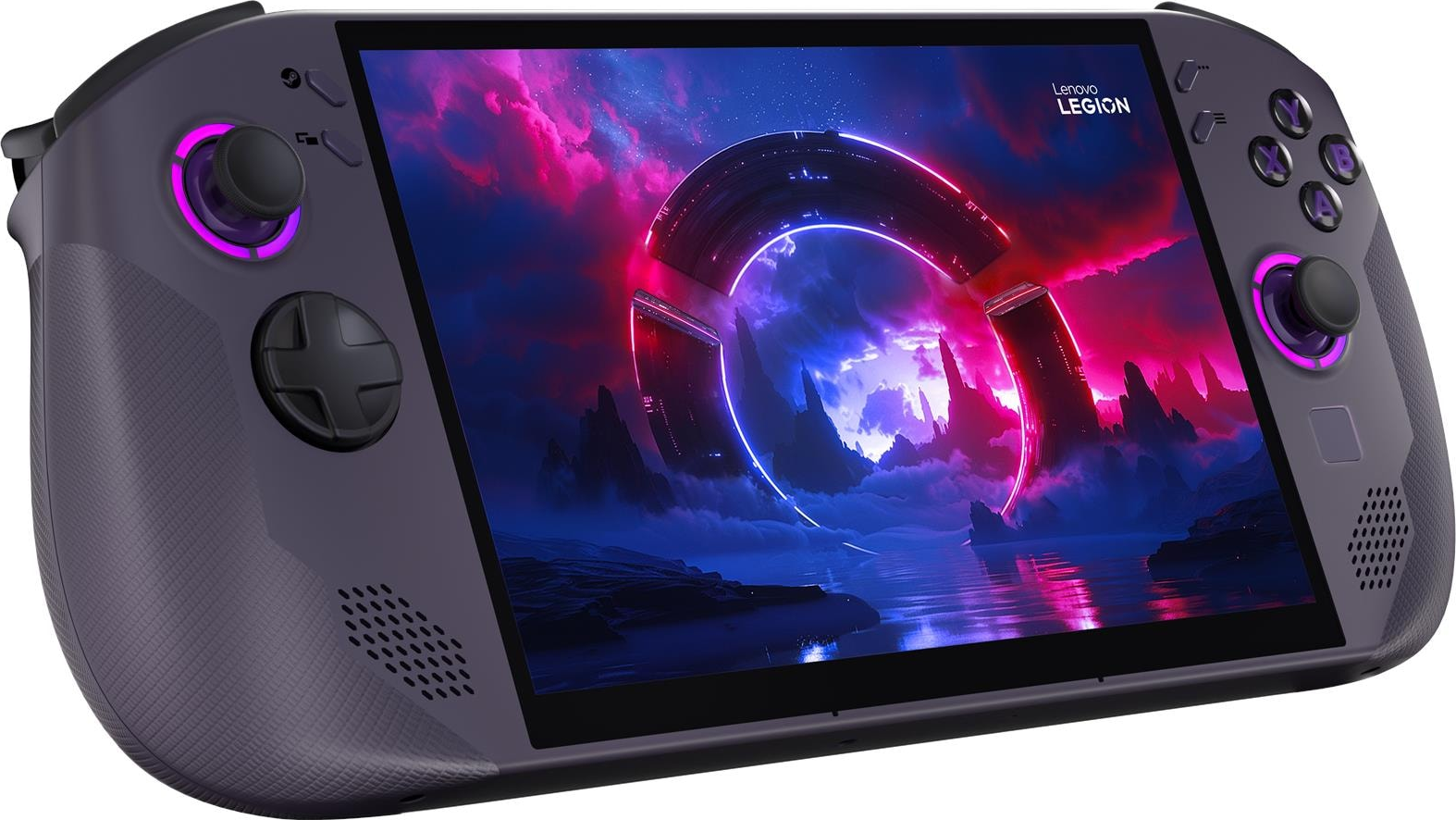 Une console de jeu portable avec un écran affichant une scène futuriste. Elle a des joysticks, des boutons et un corps gris foncé.
