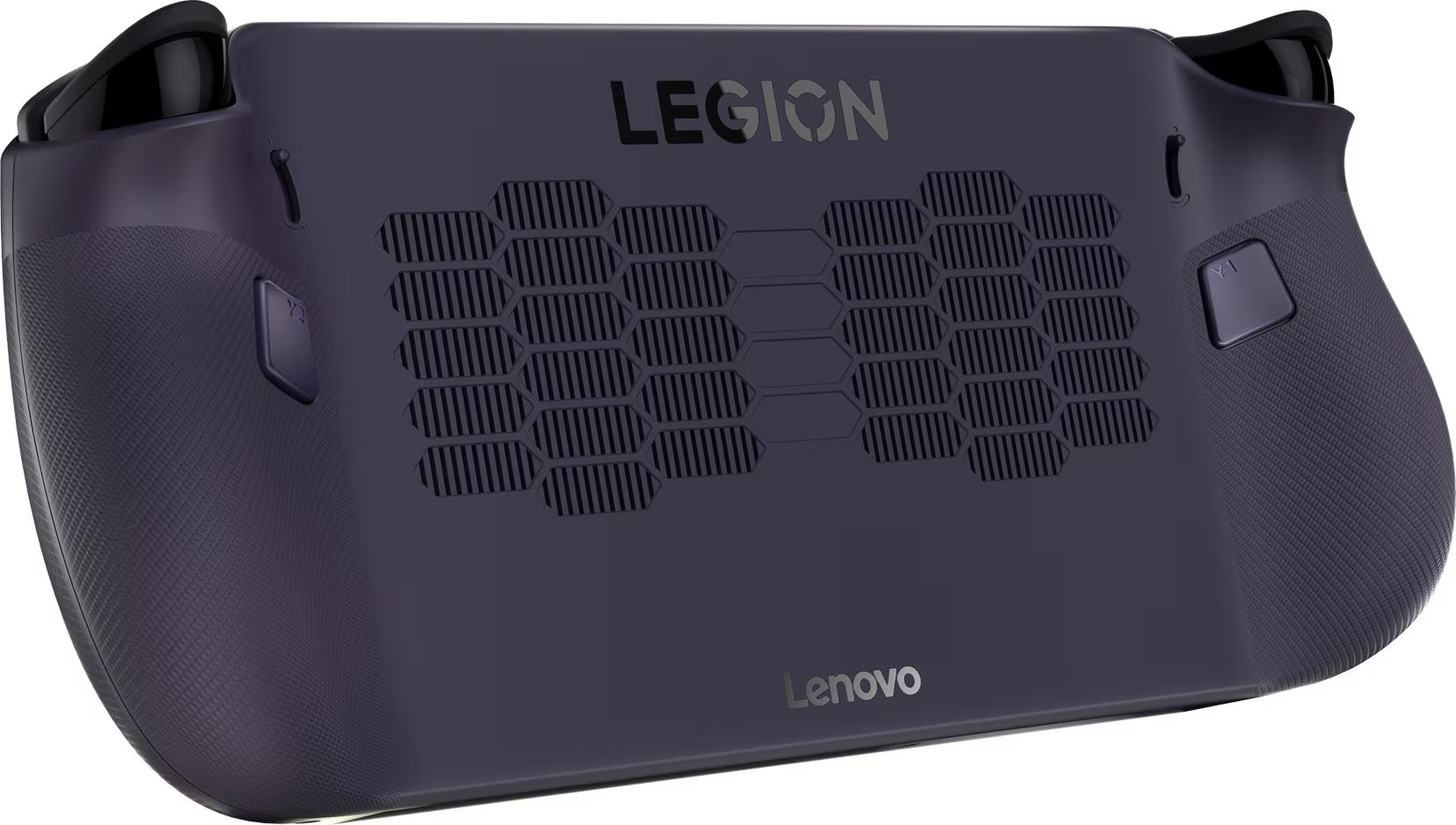 Une console de jeu portable Lenovo Legion violette. Comprend des boutons, des aérations et les logos Legion et Lenovo.