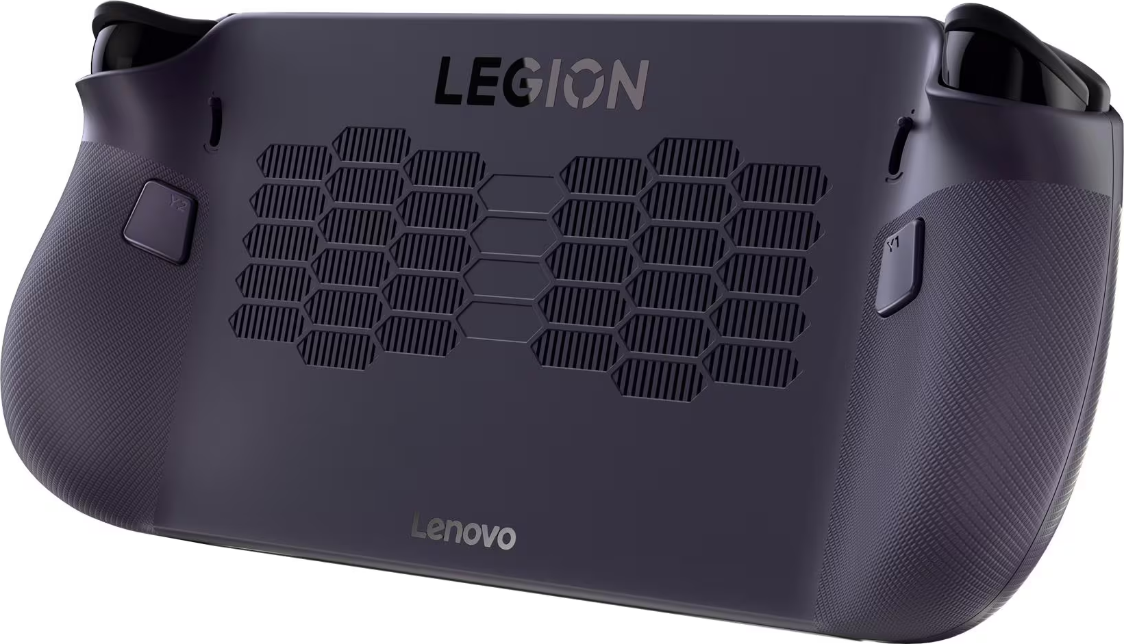 Une console de jeu portable Lenovo Legion violet foncé. Comprend des boutons, des aérations et les logos Legion et Lenovo.