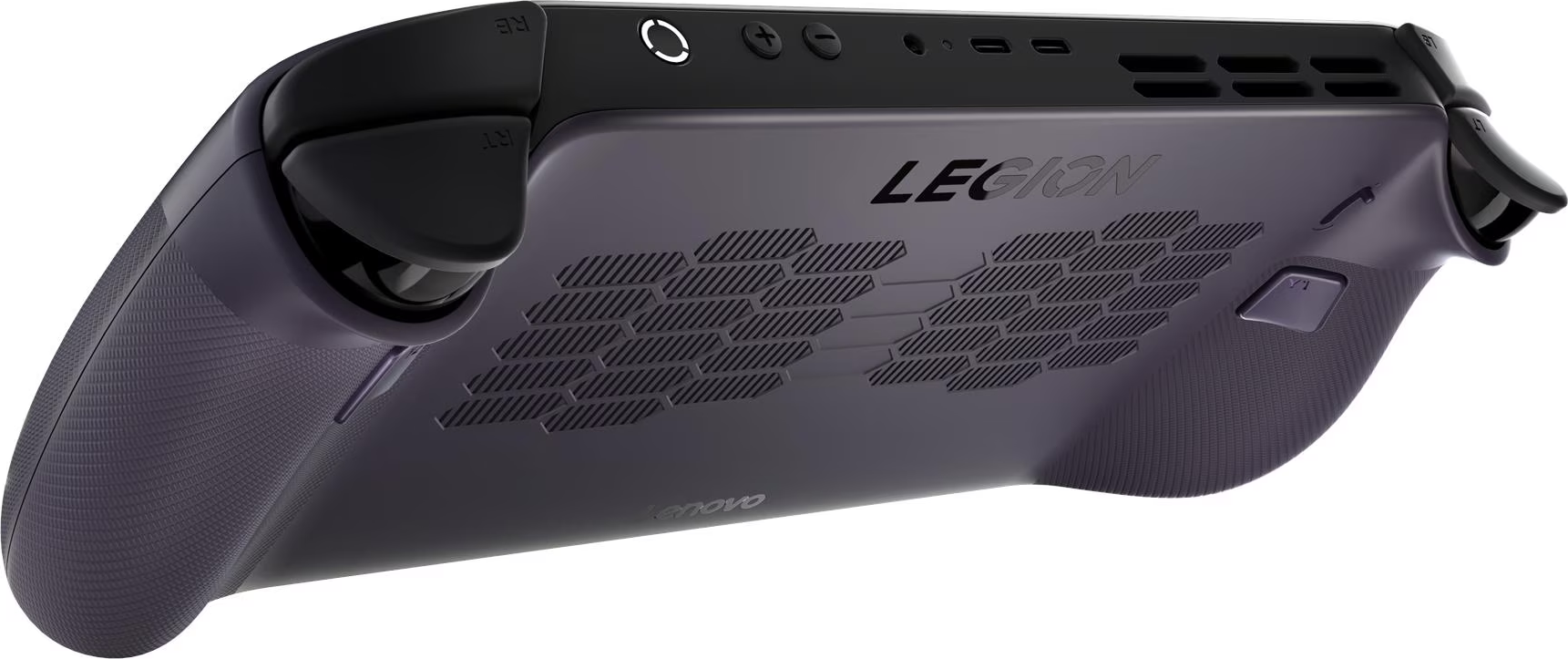 Gros plan sur une console de jeu portable Lenovo Legion violet foncé. L'appareil comporte des boutons, des gâchettes et le logo Legion.