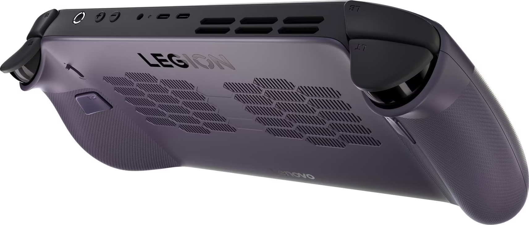 Une console de jeu portable Lenovo Legion violet foncé. Comprend des boutons, des aérations et le logo Legion. Un design élégant et moderne.