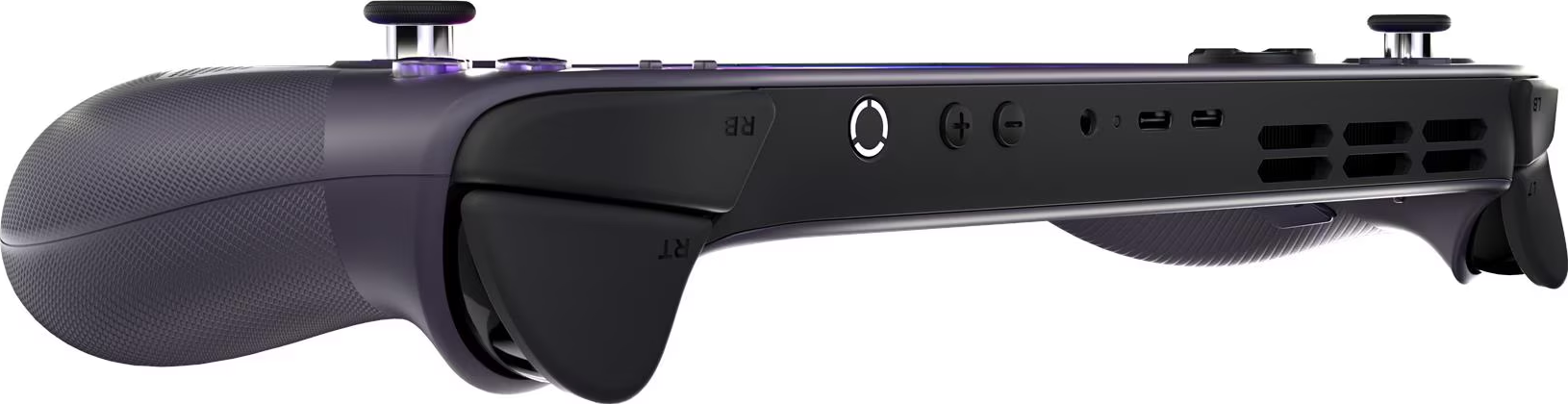 Vue latérale d'une manette de jeu noire et violette. Elle a des boutons, des ports et des poignées texturées.