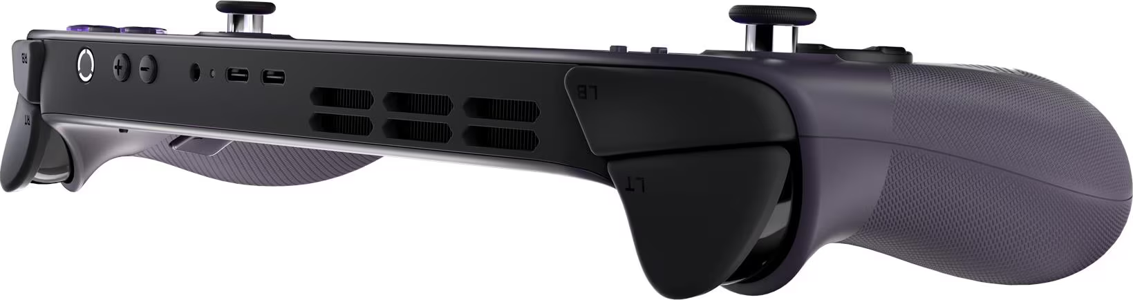 Une manette de jeu violet foncé est montrée de côté. Des boutons et un joystick sont visibles. La poignée est texturée.