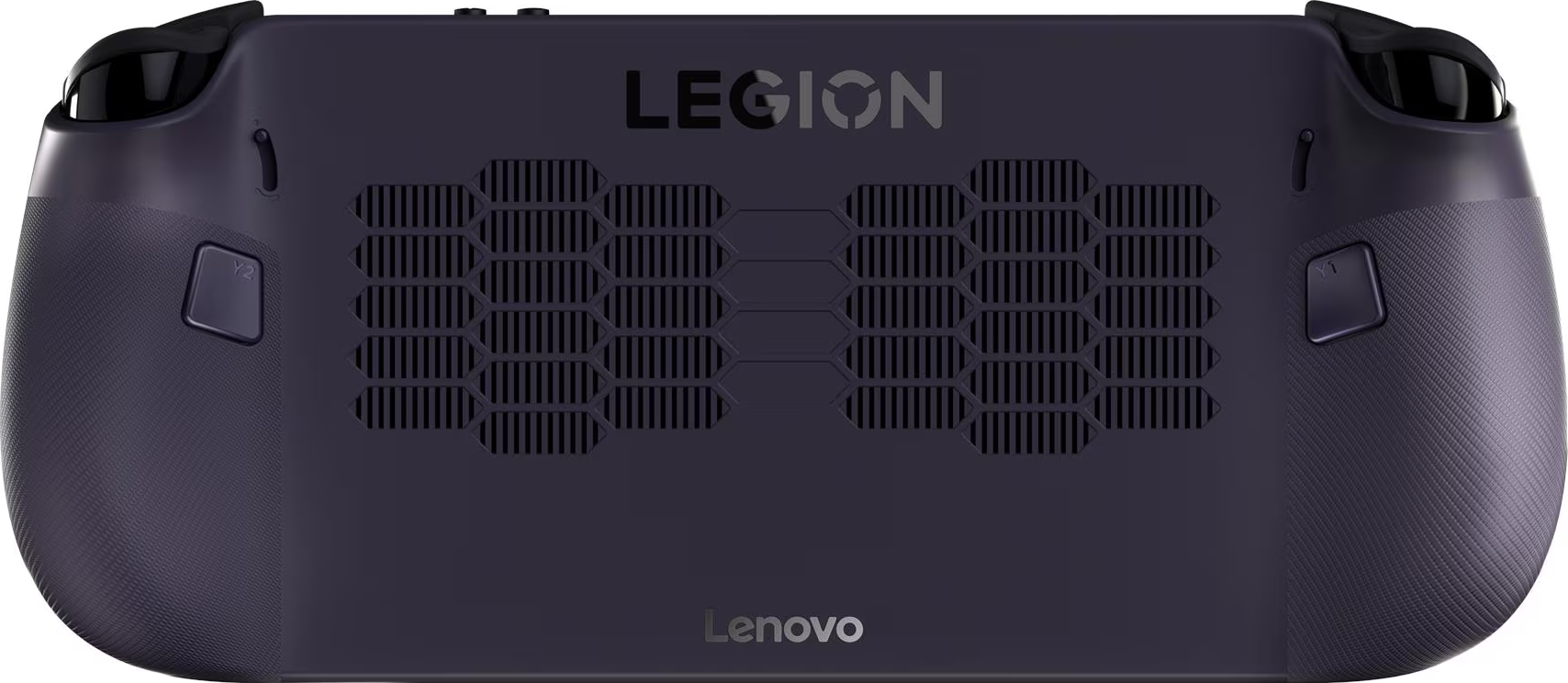 Une console de jeu portable Lenovo Legion violet foncé. Elle a des boutons, des évents et des logos.