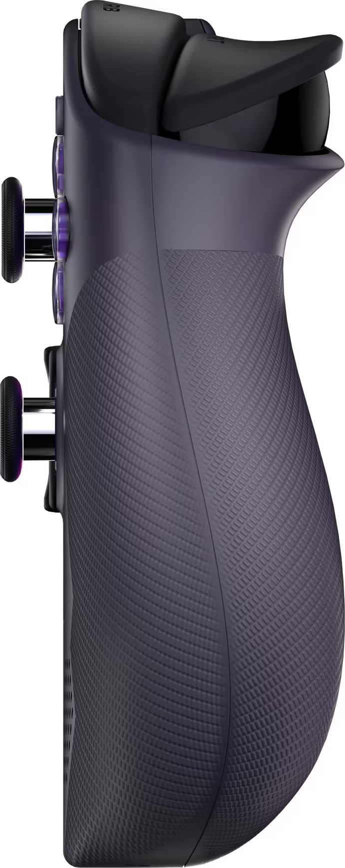 Vue latérale d'une manette de jeu violet foncé. Elle comporte des boutons noirs et une poignée texturée.
