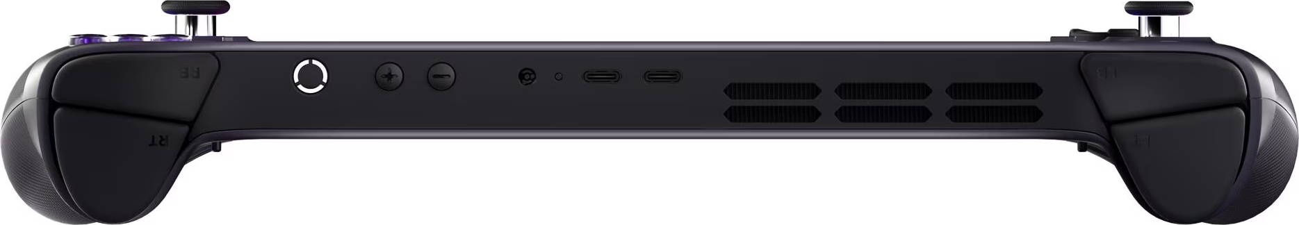 Vue latérale d'une console portable noire avec boutons, joysticks et évents. Design élégant et moderne.
