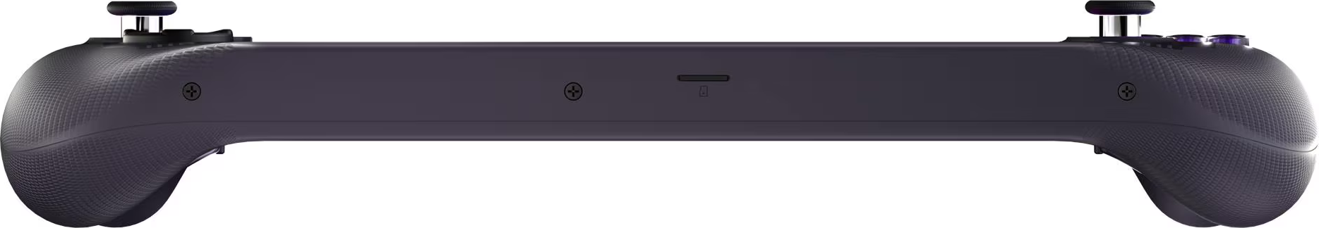 Une manette de jeu violet foncé est montrée horizontalement. Elle possède deux joysticks, des boutons et un port de charge.