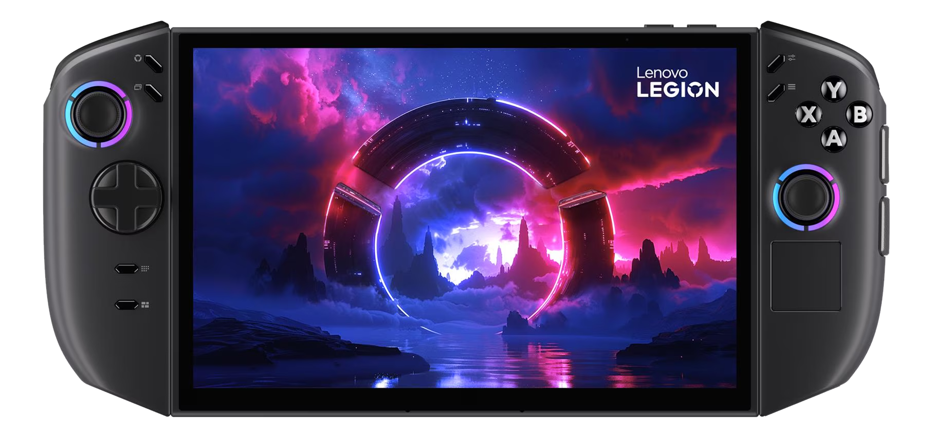 Appareil portable Lenovo Legion. L'écran affiche un paysage futuriste avec un anneau, des montagnes et de l'eau.