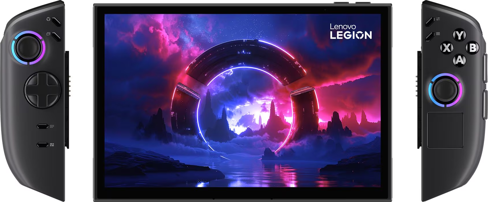 Appareil de jeu avec écran montrant une scène futuriste. Contrôleurs de chaque côté. Couleur noire avec lumières bleues et violettes.