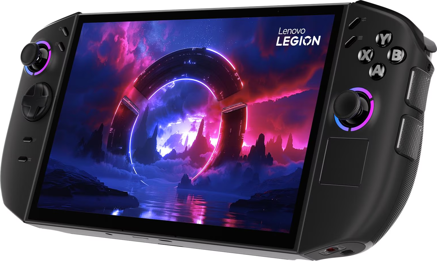 Une console de jeu portable Lenovo Legion noire. L'écran affiche une scène de science-fiction avec une structure en anneau et des montagnes.