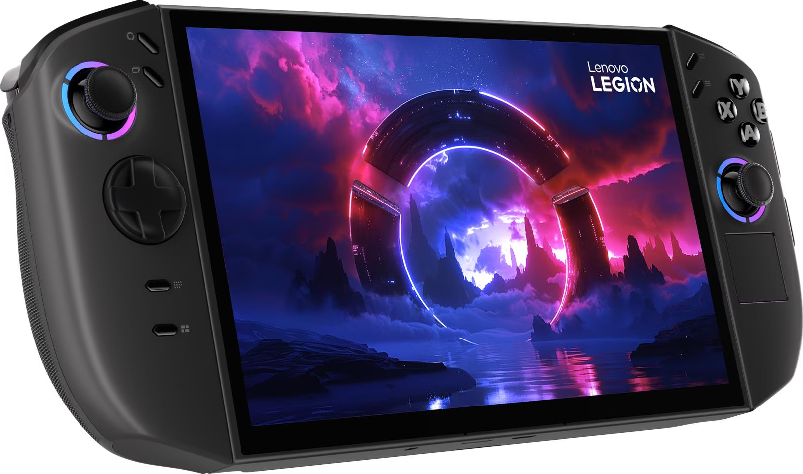 Appareil de jeu portable Lenovo Legion noir. L'écran affiche une scène futuriste avec un anneau et des montagnes.
