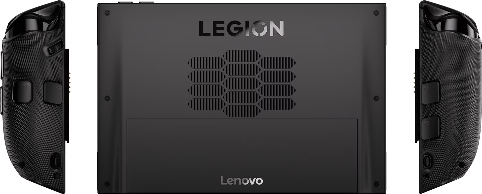 Console portable Lenovo Legion noire. Le centre montre le logo Legion. Les côtés montrent des boutons et des poignées texturées.