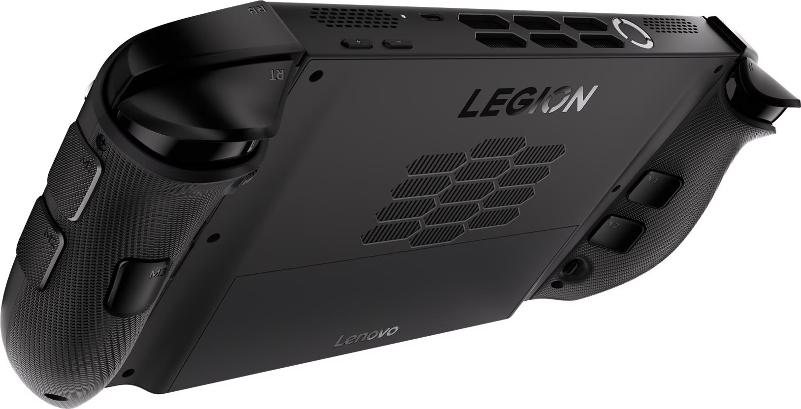 Console de jeu portable Lenovo Legion noire. Comprend des boutons, des poignées et le logo Legion. Un évent en nid d'abeille est visible.